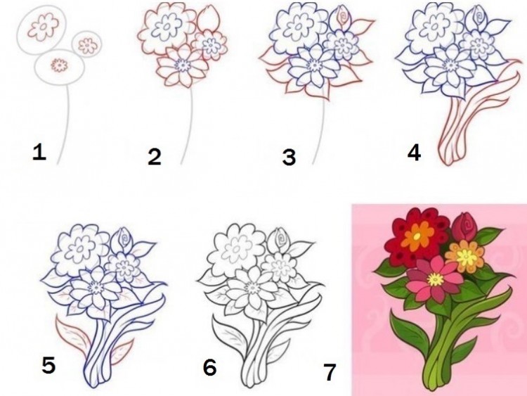 Как нарисовать букет цветов поэтапно