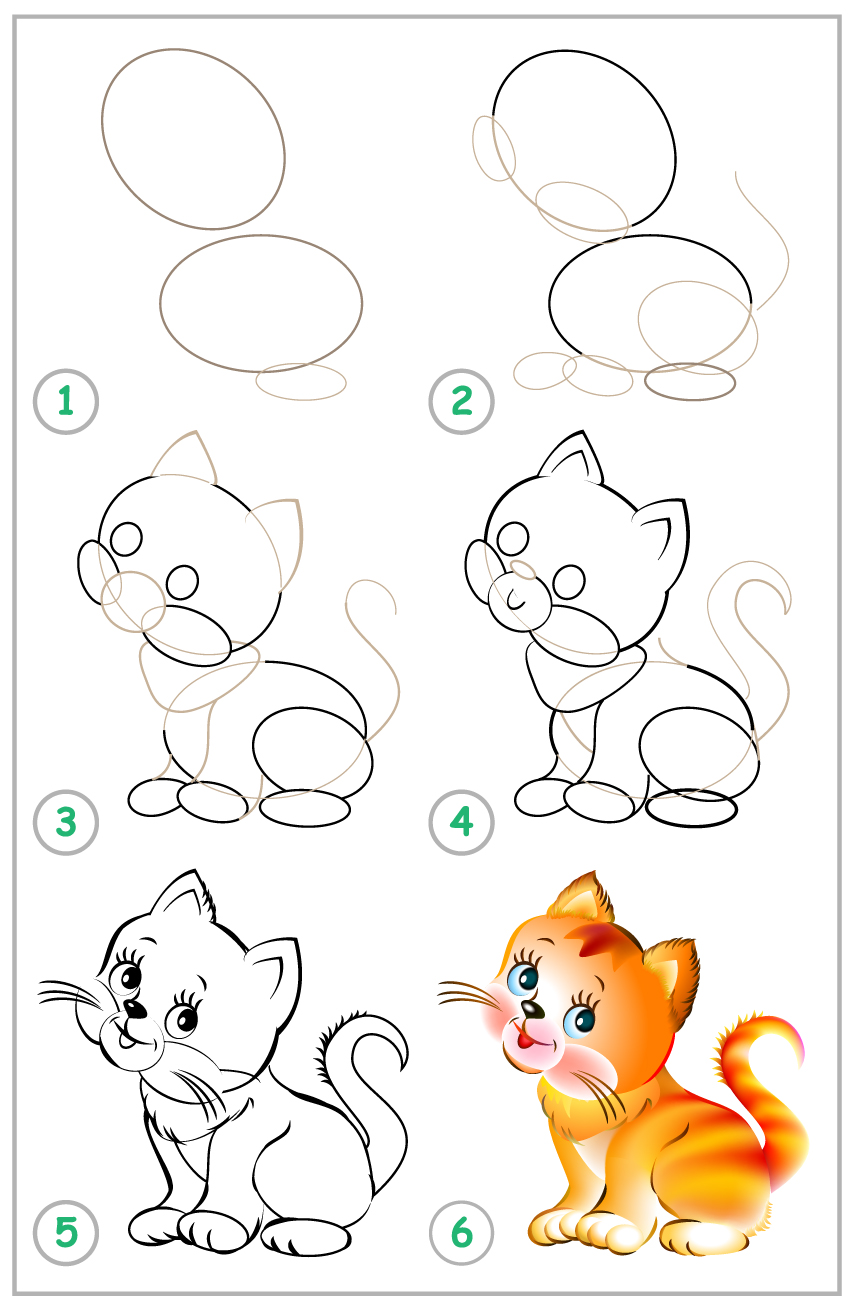 Поэтапный рисунок котенка для детей